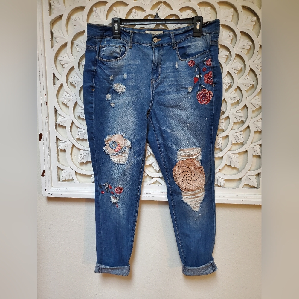 Upcycled Mudd Denim Jeans Size 16 Embrdery Patches Tea Stained Fabrics